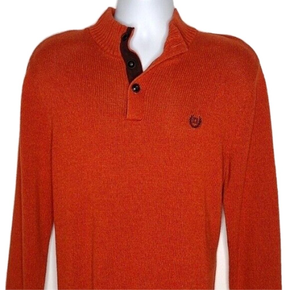 Chaps Orange 1/4 Quarter Button Up Henley Long Sleeve Knit Sweater Men Medium